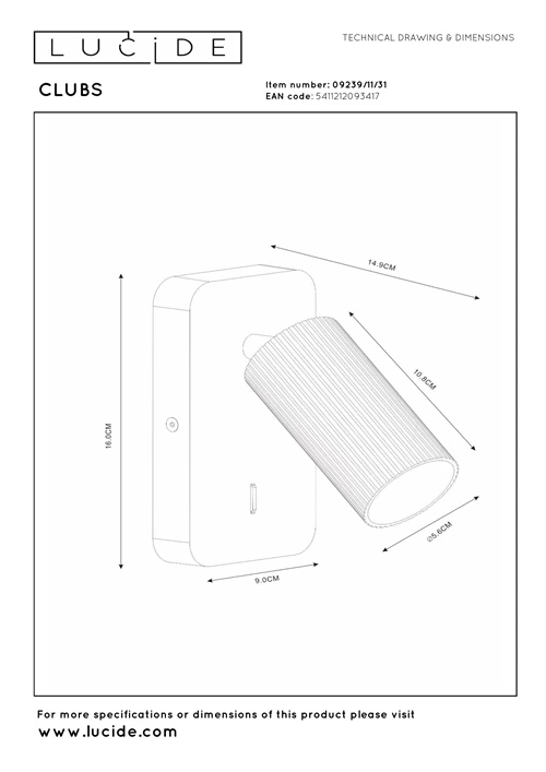 Lucide CLUBS - Bettlampe / Wandleuchte - 1xGU10 - Weiß - technisch